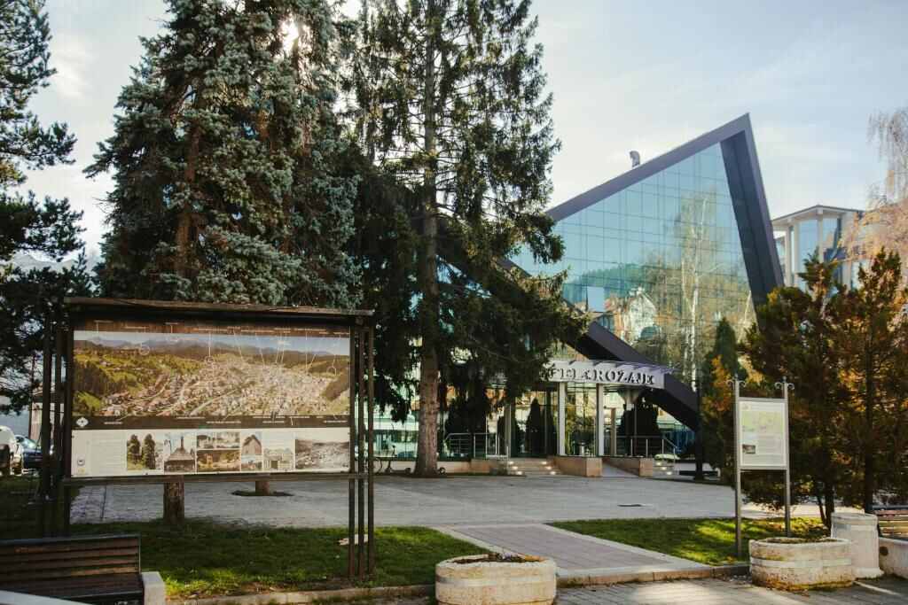 Entrance of Hotel Rožaje on the main square in Rožaje, Montenegro